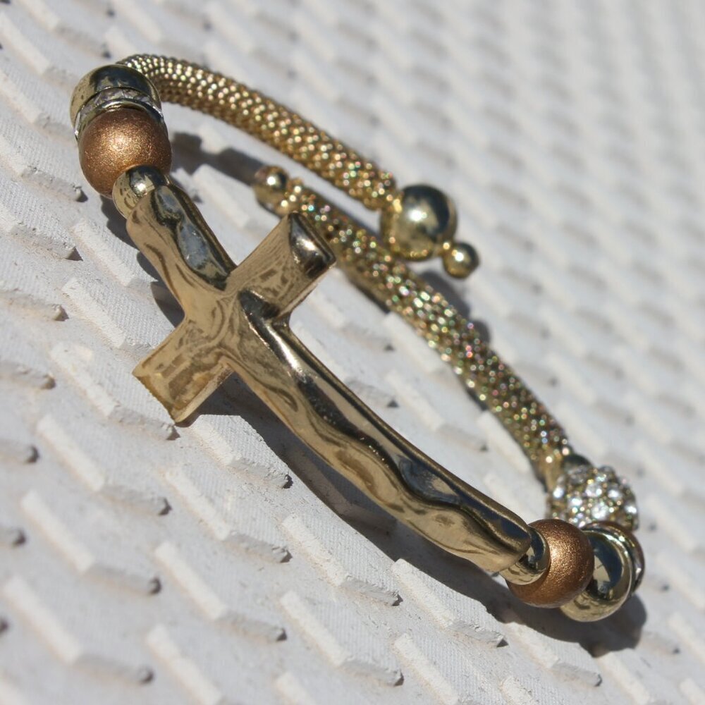 Womens Beaded Crystal Gold Woven Neutral Adjustable Coil Bracelet NWT
